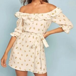 Reformation Womens Indio 100% linen belted off tie shoulder floral mini dress S